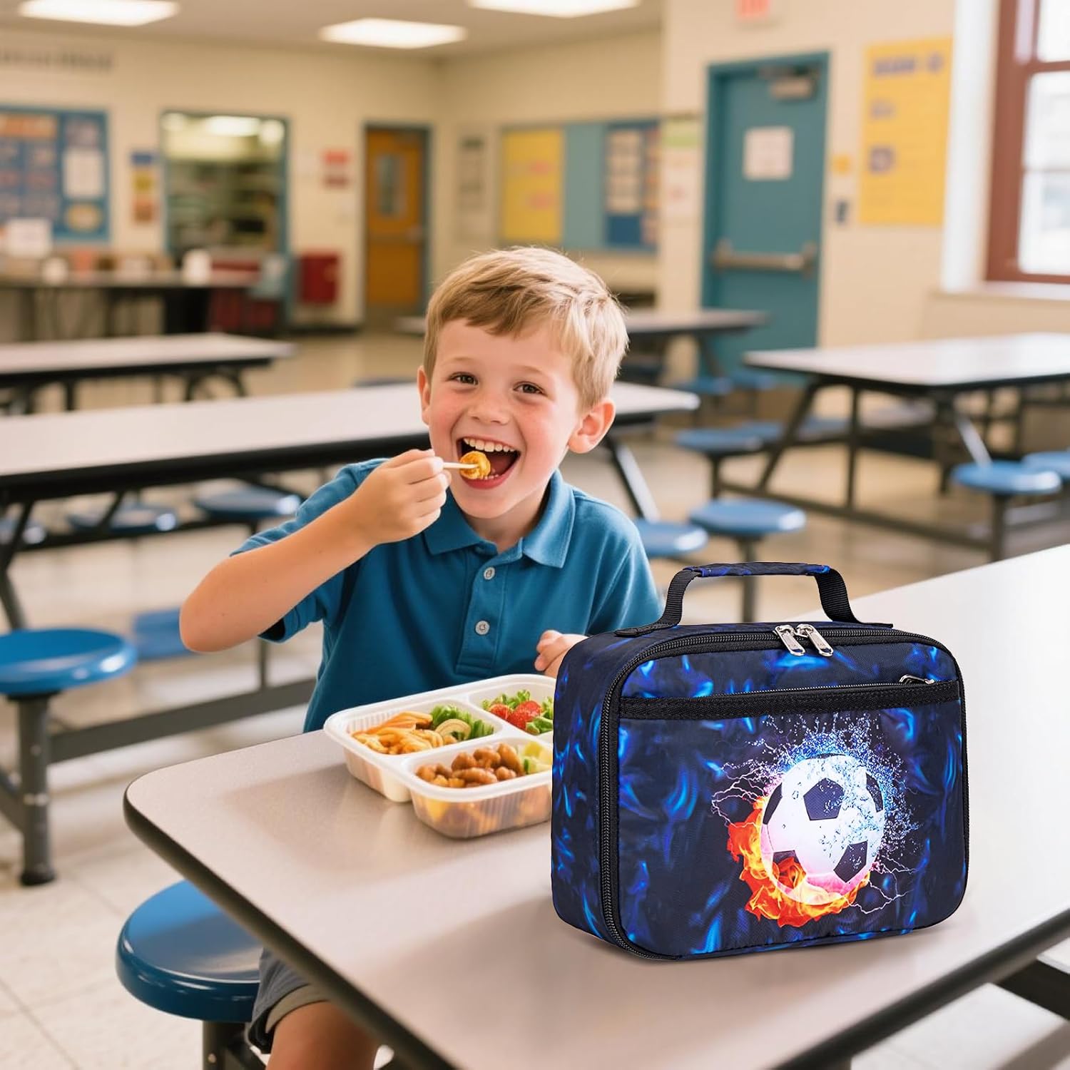 LEDAOU Lunch Box Kids Boys Girls Lunch Bag Insulated Lunch Box Toddler Reusable Lunchbox for School Picnic Hiking (Soccer Blue) - Image 2