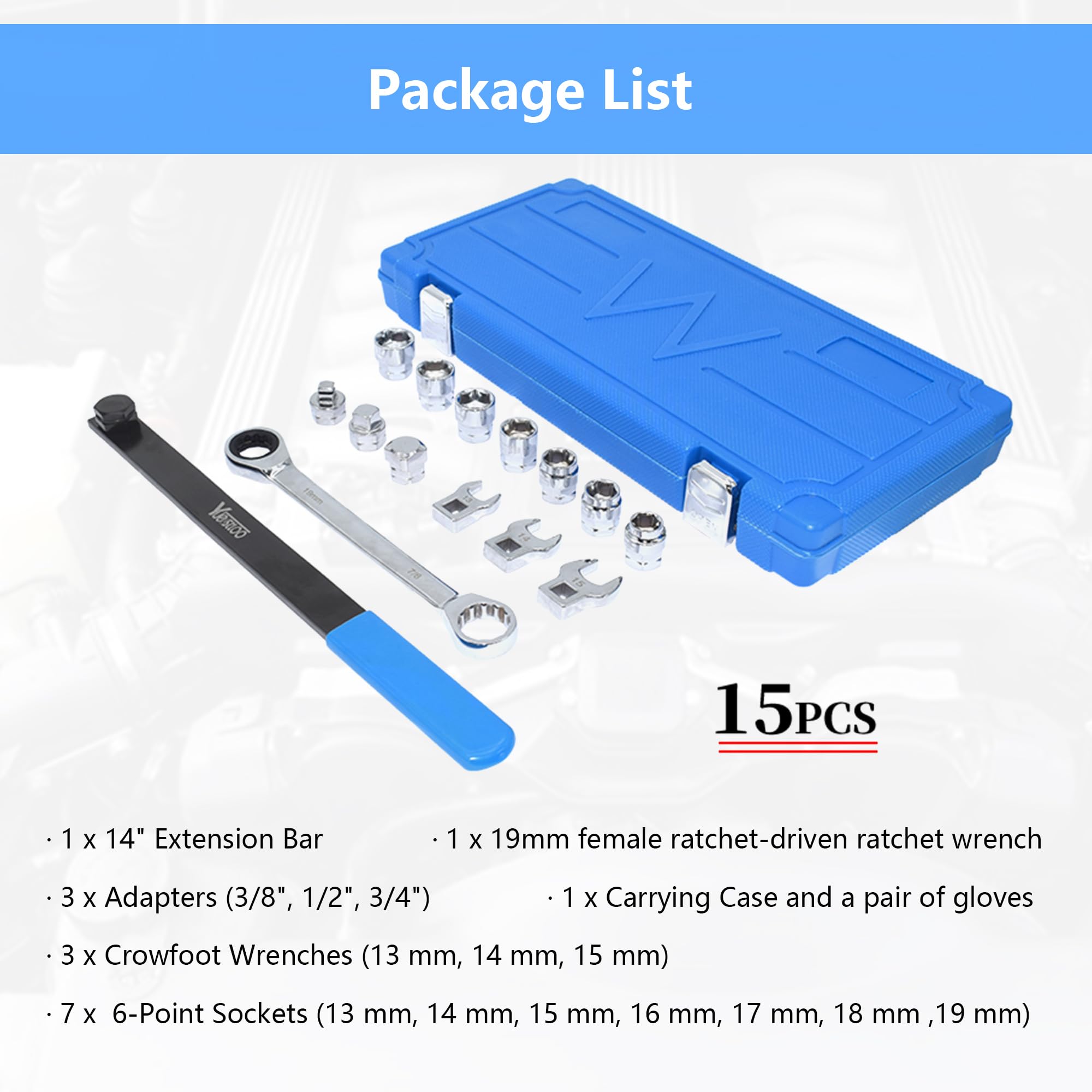 Yuesstloo 15pcs Universal Ratcheting Serpentine Belt Tool Set, Serpentine Belt Removal Installation Tensioner Kit with Ratcheting Wrench, Crowfoot Wrenches, Socket Adapters, 6-Point Sockets
