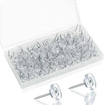 200 Pack Clear Push Pins Thumb Tacks for Bulletin Boards, Cork Boards, Wall Displays Flat Head, Heavy Duty Plastic, Reusable Storage Box Included