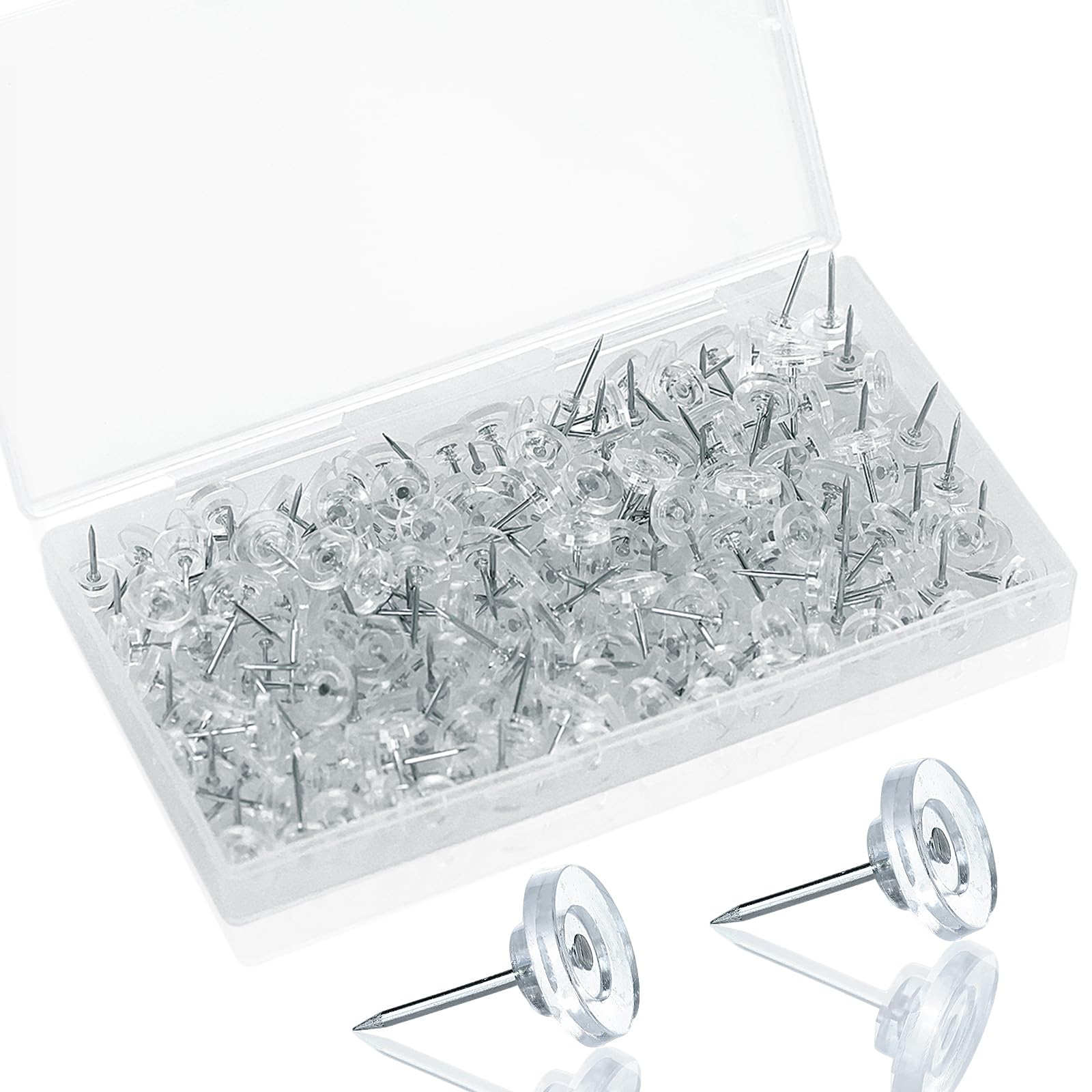 200 Pack Clear Push Pins – Thumb Tacks for Bulletin Boards, Cork Boards, Wall Displays – Flat Head, Heavy Duty Plastic, Reusable Storage Box Included