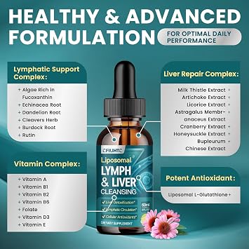 Liposomal Lymphatic Drainage Drops - 21 in 1 Liver Cleanse Detox & Repair with Milk Thistle, Echinacea, Burdock Root, Liposomal Glutathione, Vitamin Complex ''Lymph-Liver'' Gut & Metabolic Health