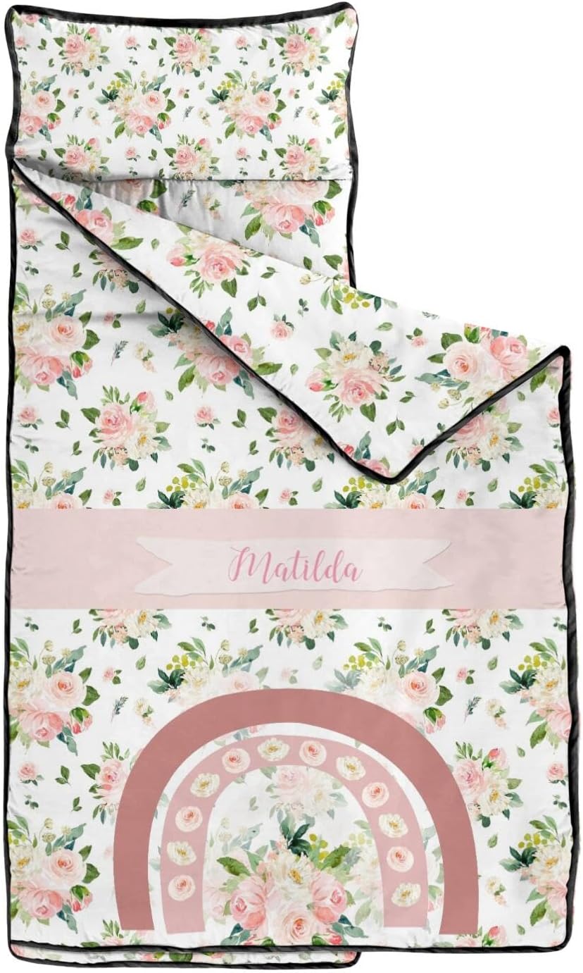 Personalized Toddler Nap Mat for Girls – Custom Name Rainbow Sleeping Bag with Pillow & Blanket – Soft & Portable for Daycare, Preschool & Kindergarten