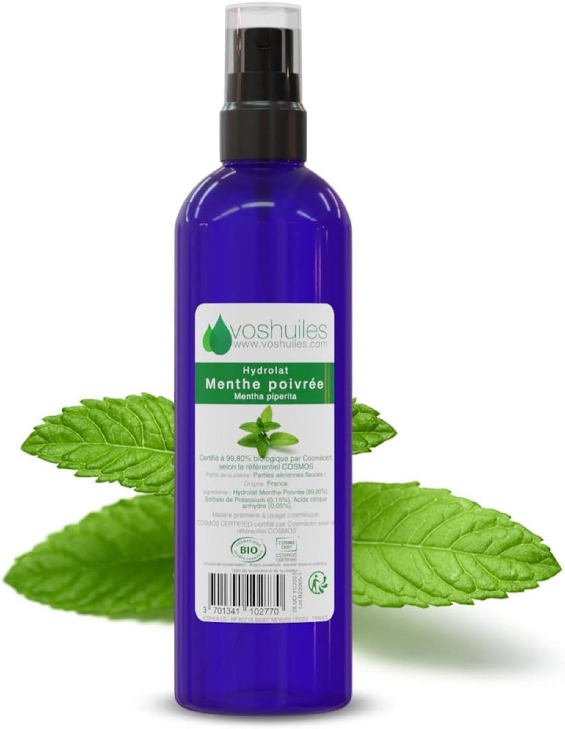 VOSHUILES - Hydrolat de Menthe Poivrée COSMOS - 100ml - Pur et Naturel - Rafraîchissant pour Peaux Ternes et Fatiguées - Distillation de Sommités Fleuries