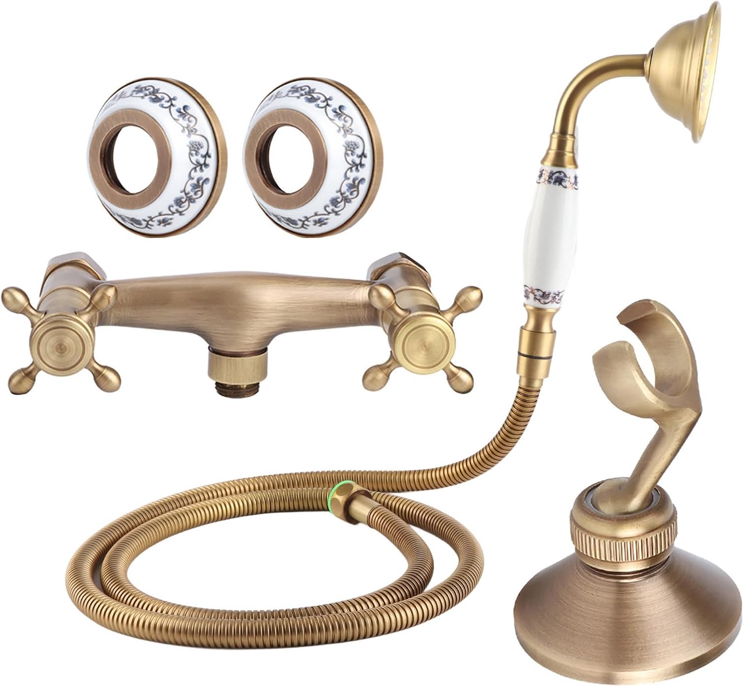 Vintage Copper Shower Kit,Antique Brass Porcelain Handheld Shower Wall Mounted Kit Round Rain Heads System Concealed Installation for Bathroom Handheld Shower