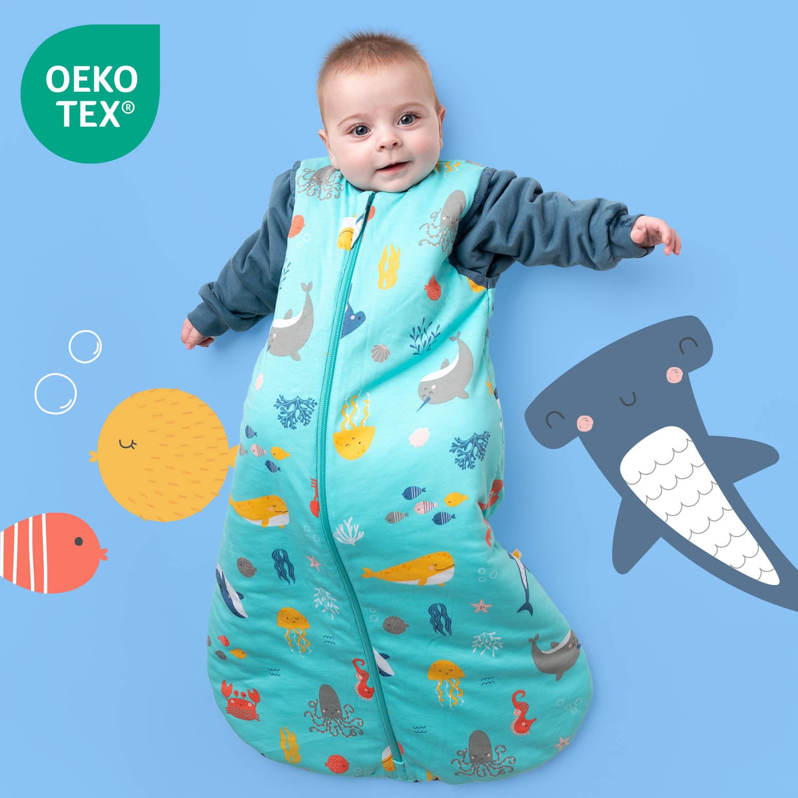 schlummersack Slumbersac Sacco nanna 2.5 Tog 90 cm Animali marini | Sacco nanna annuale 6-18 mesi cotone | Sacco a pelo bambini maniche rimovibili