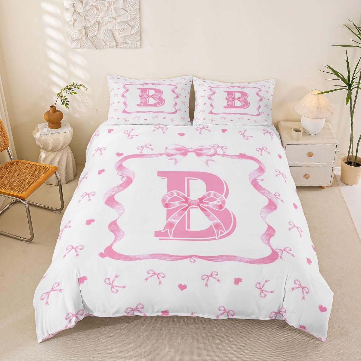 Homewish Różowa kokarda inicjał king zestawy poszewek na kołdrę monogram B muszka pościel różowa księżniczka kokardki poszewka na kołdrę śliczna wstążka kokardka zestaw pościeli