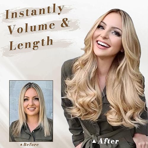 Miniatura 4 de BARSDAR Extensiones de cabello con clip, extensiones de cabello rubio ondulado de 18 pulgadas con clip para mujer, 5 piezas gruesas, naturales,