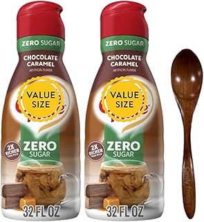 Premium Non-Dairy Liquid Coffee Creamer.- Two (2) 32 fl oz Bottles of Creamy Smooth Delightful Coffee Creamer with Candy Freezer Wooden Spoon (Sugar-Free Chocolate Caramel) Wooden Spoon