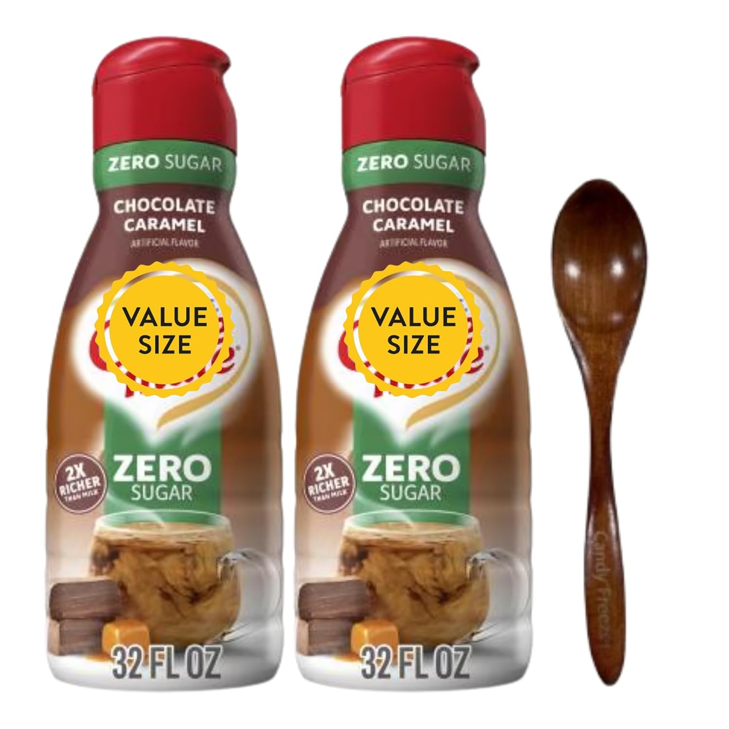 Premium Non-Dairy Liquid Coffee Creamer.- Two (2) 32 fl oz Bottles of Creamy Smooth Delightful Coffee Creamer with Candy Freezer Wooden Spoon (Sugar-Free Chocolate Caramel) Wooden Spoon