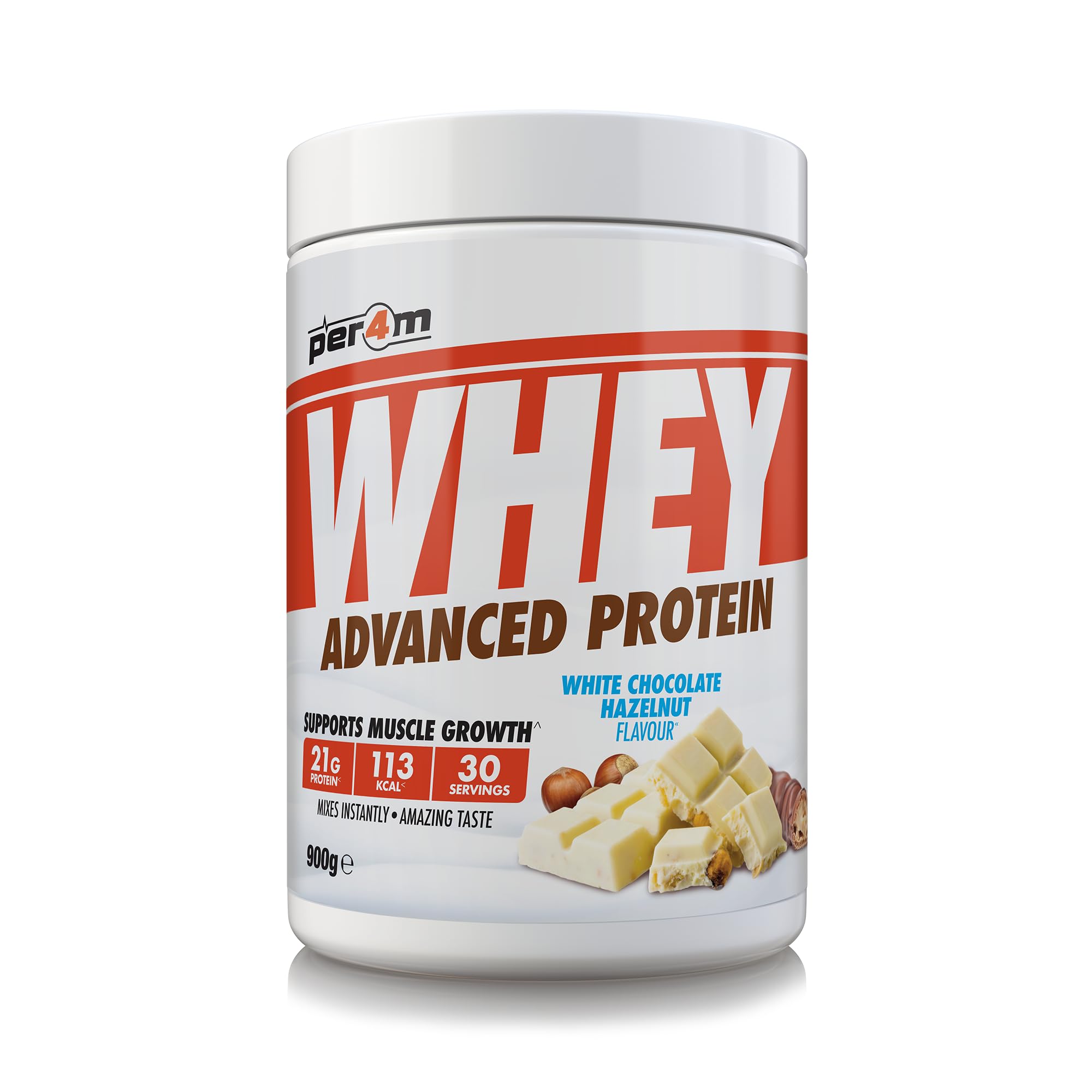 Per4m Whey Protein Powder | High Protein Shake for Muscle Growth & Recovery | Low Sugar Gym Supplement | Sports Nutrition Drink + Amino Acids (900g, White Chocolate Hazelnut)