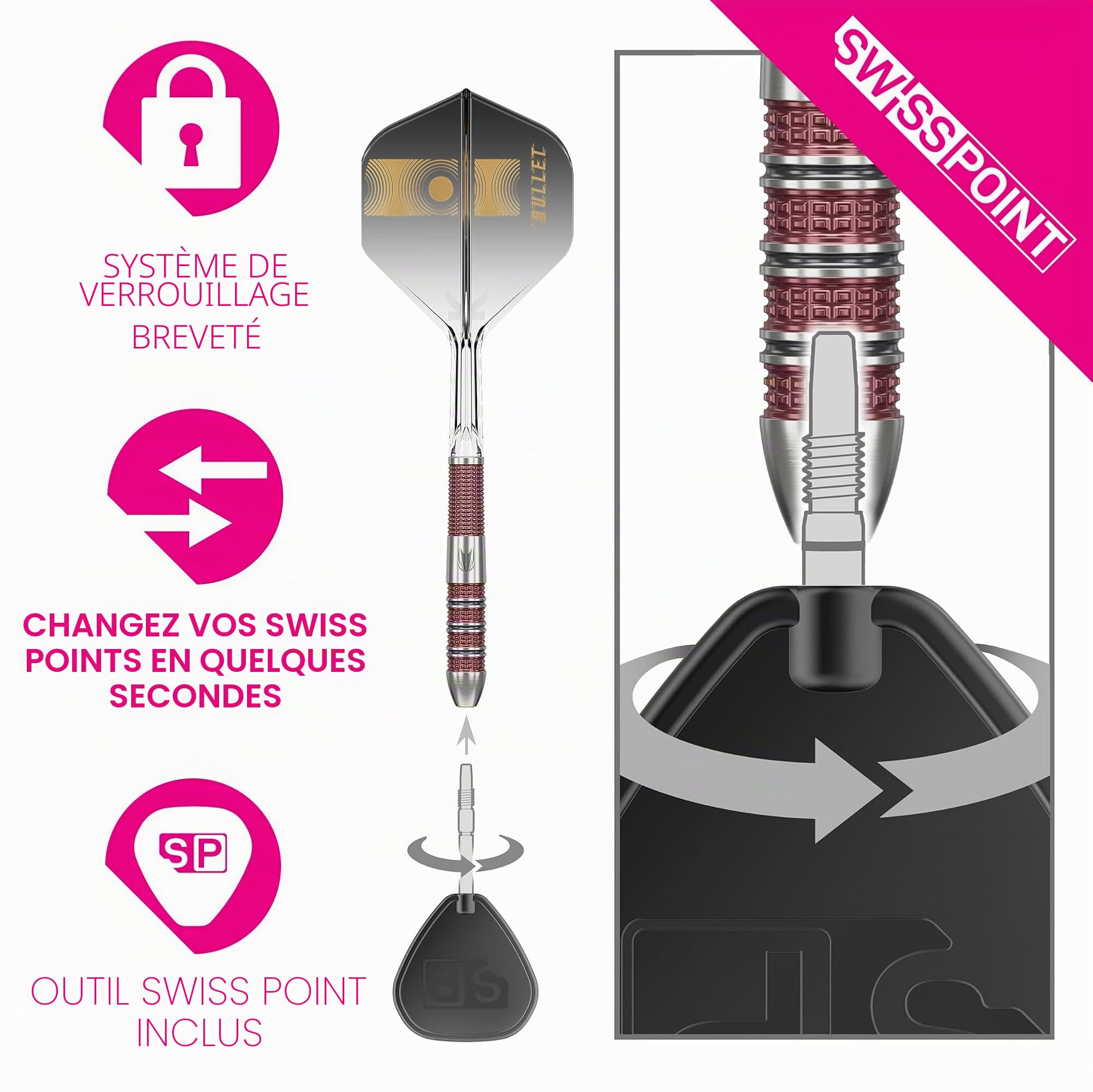 Target Darts Stephen Bunting 95K Swiss Point Jeu de Fléchettes à Pointe en Acier, 18G/22G/23G | Kflex Vols et Arbres, Le Joueur Bullet Edition 95% Fléchettes en Tungstène, Pièces de Rechange DX Points