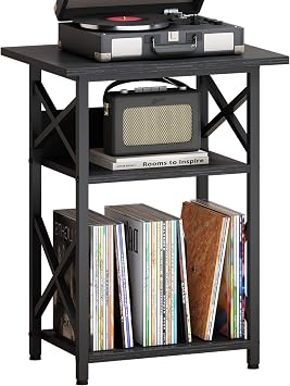 Record Player Stand with Large Desktop, Record Player Table with Vinyl Storage, 3 Tier End Table with Dividers Classified, Turntable Stand Record Display Shelf for Music Room Studio, Black