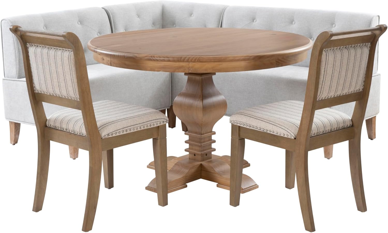 Powell Parnell 4-Piece Grey & Natural Kitchen Nook Set with Corner Bench, Round Pine Table & Chairs