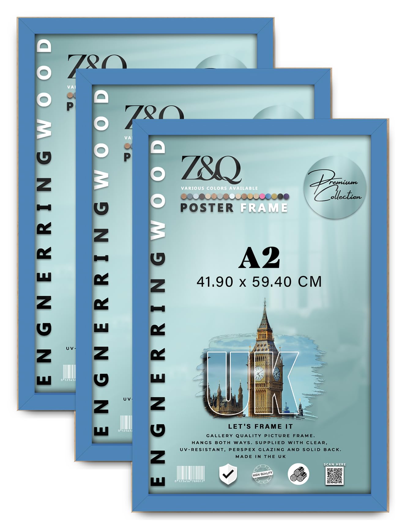 Z&Q Pack of 3 MDF Wood Finish A2 (41.90 x 59.40 CM) Poster/Picture Frame | for Art Gallery, Room Wall Decor 23 x 16 Inch Portrait/Landscape Display [ Blue ]