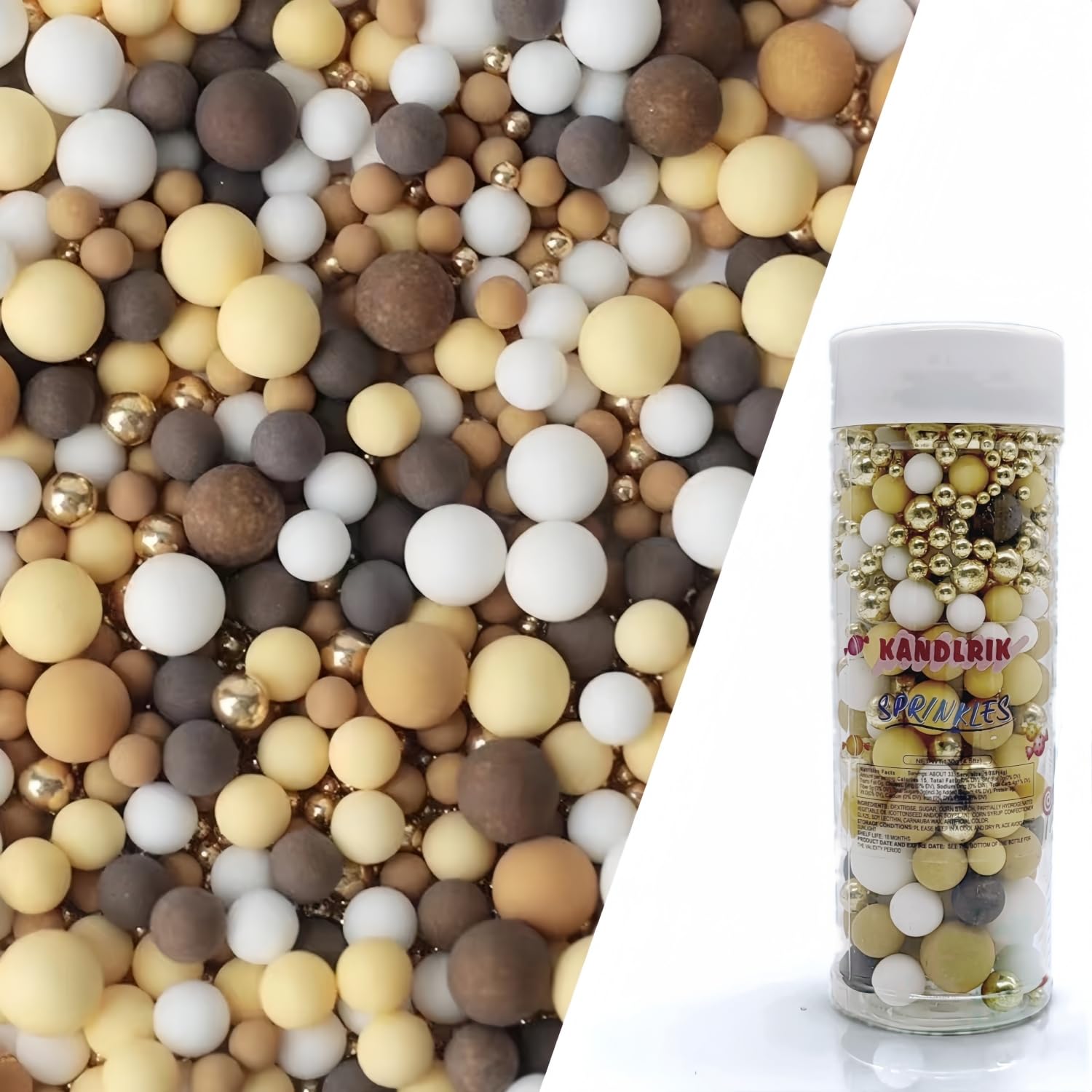 Edible Brown & Yellow & White & Gold Sugar Pearls Sprinkles Candy Mix Size Pearls Cake Decorations Cupcake Toppers Decorating Perfect for Wedding Party Valentine Christmas Supplies 4.58OZ
