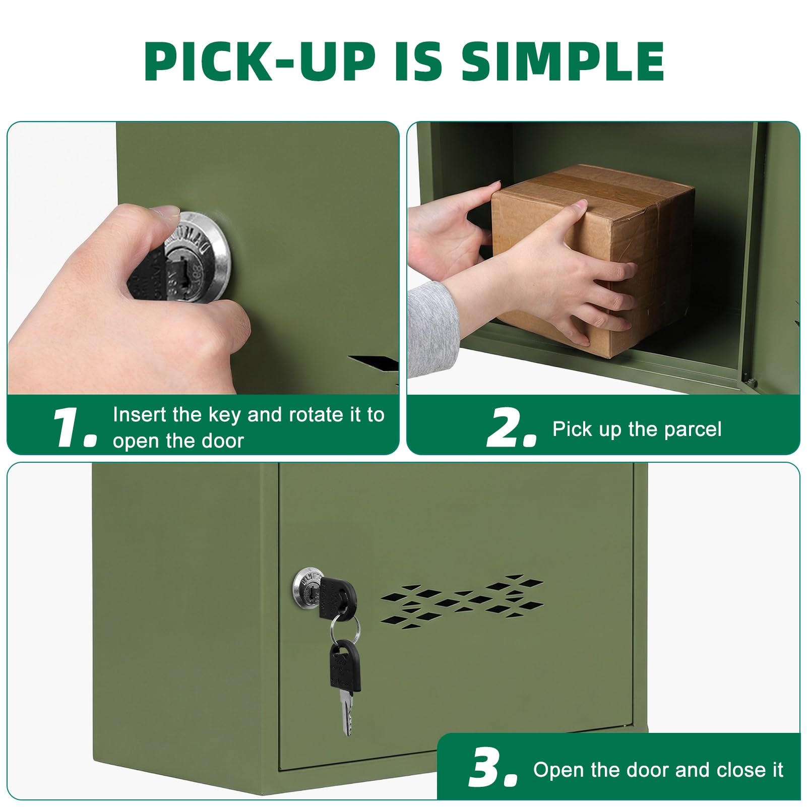 Große abschließbare Paketbox, wetterfeste Schlüsselverriegelung, Paketabwurfboxen, Outdoor-Lieferbox mit sicherem Frontzugang für mehrere Pakete, Grün, 75 cm 2