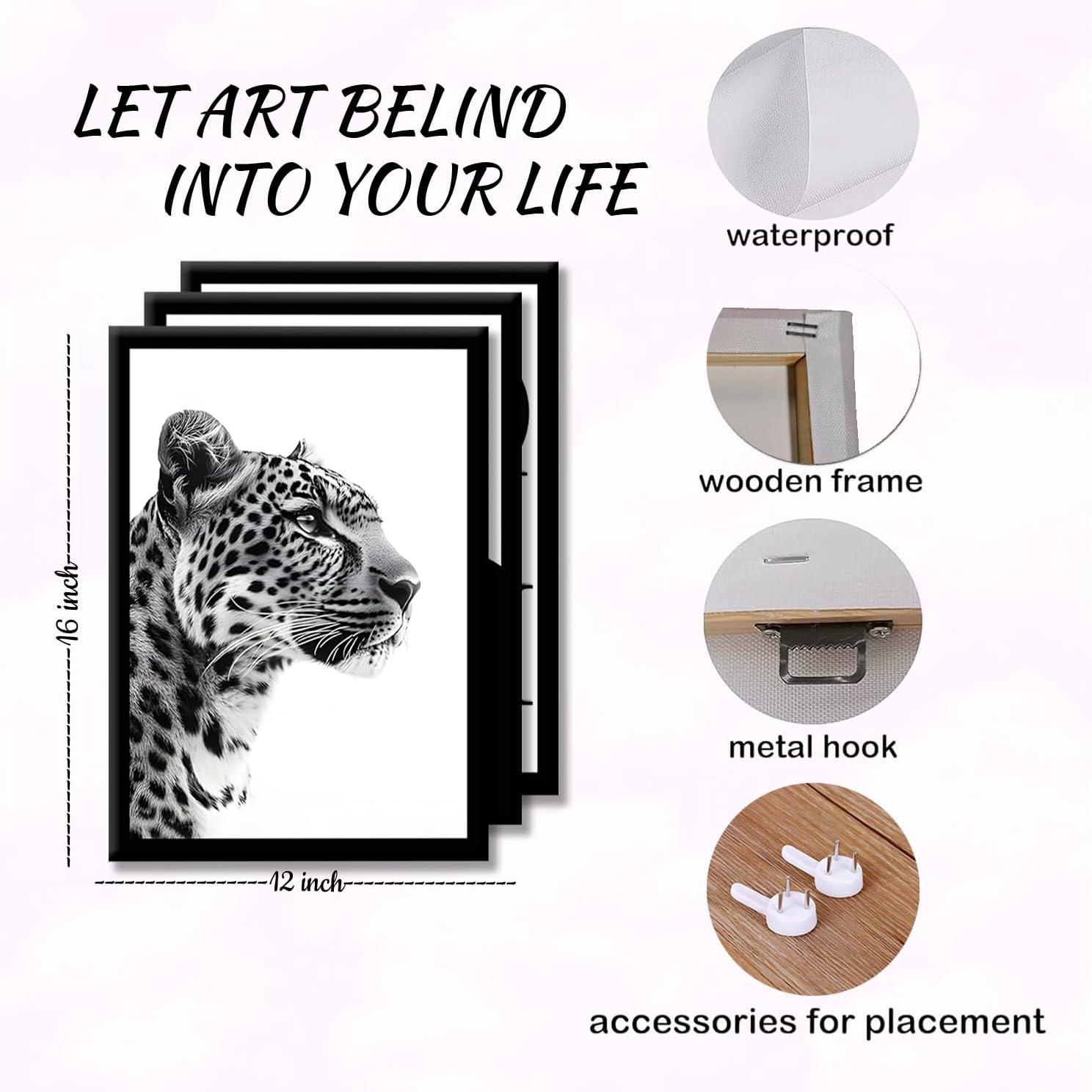 Stockholm Style Framed Canvas Wall Art Set of 3, Leopard Fashion Prints with Lucky 8 Ball “Lucky Me”, Chic Black and White Aesthetic Wall Decor for Women Bedroom Living Room Apartment Dorm 12x16 Inch
