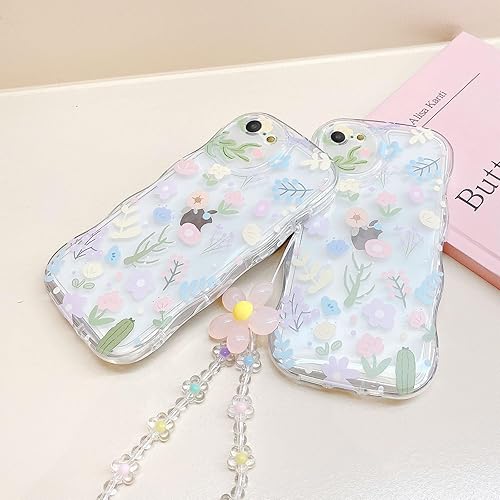 Miniatura 4 de Compatible con iPhone 78SE, bonito estampado de flores coloridas con una bonita cadena de pulsera de flores, funda transparente de borde ondulado,