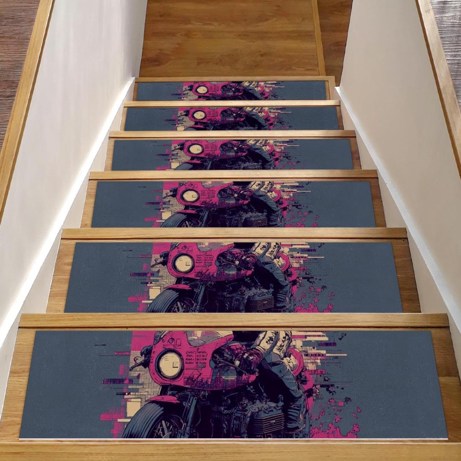 Tapis d'escalier antidérapants intérieurs réutilisables auto-adhésifs thème moto, 15 pcs