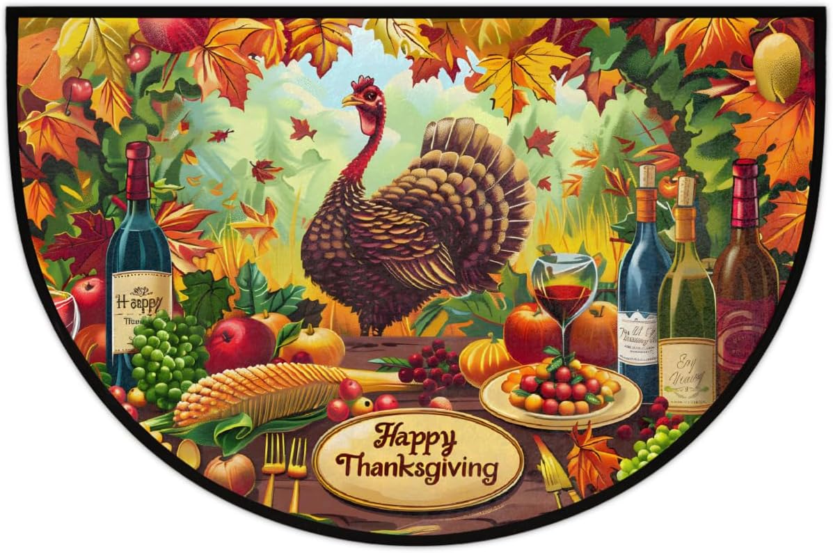 Half Round Door Mat Turkey Art Thanksgiving Non-Slip Soft Semi Circle Rug Washable Half Moon Welcome Entrance Doormat for Outdoor Indoor Floor Bedroom Bathroom Home Kitchen Festival Decor Gift