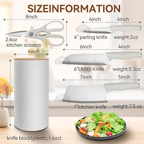 Miniatura 7 de Juego de cuchillos de cocina blancos con bloque, juego de cuchillos de acero inoxidable de 5 piezas, cuchillo de chef, cuchillo de pelar, tijeras de