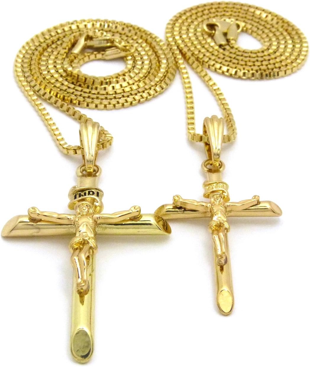 Fashion 21 Polished INRI Crucifix Jesus Cross Pendant 2mm 18", 20", 24", 30" Box Chain 2 Necklace Set in Gold Tone