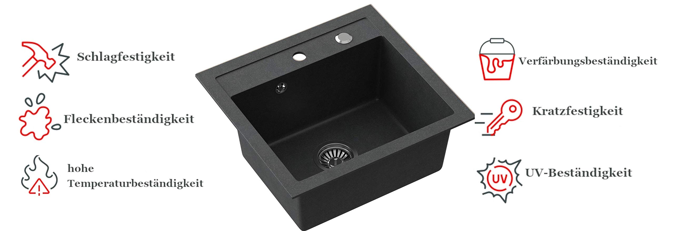 VBChome Spoelbak met kraan 50 x 47 cm Zwart Graniet Spoelbak