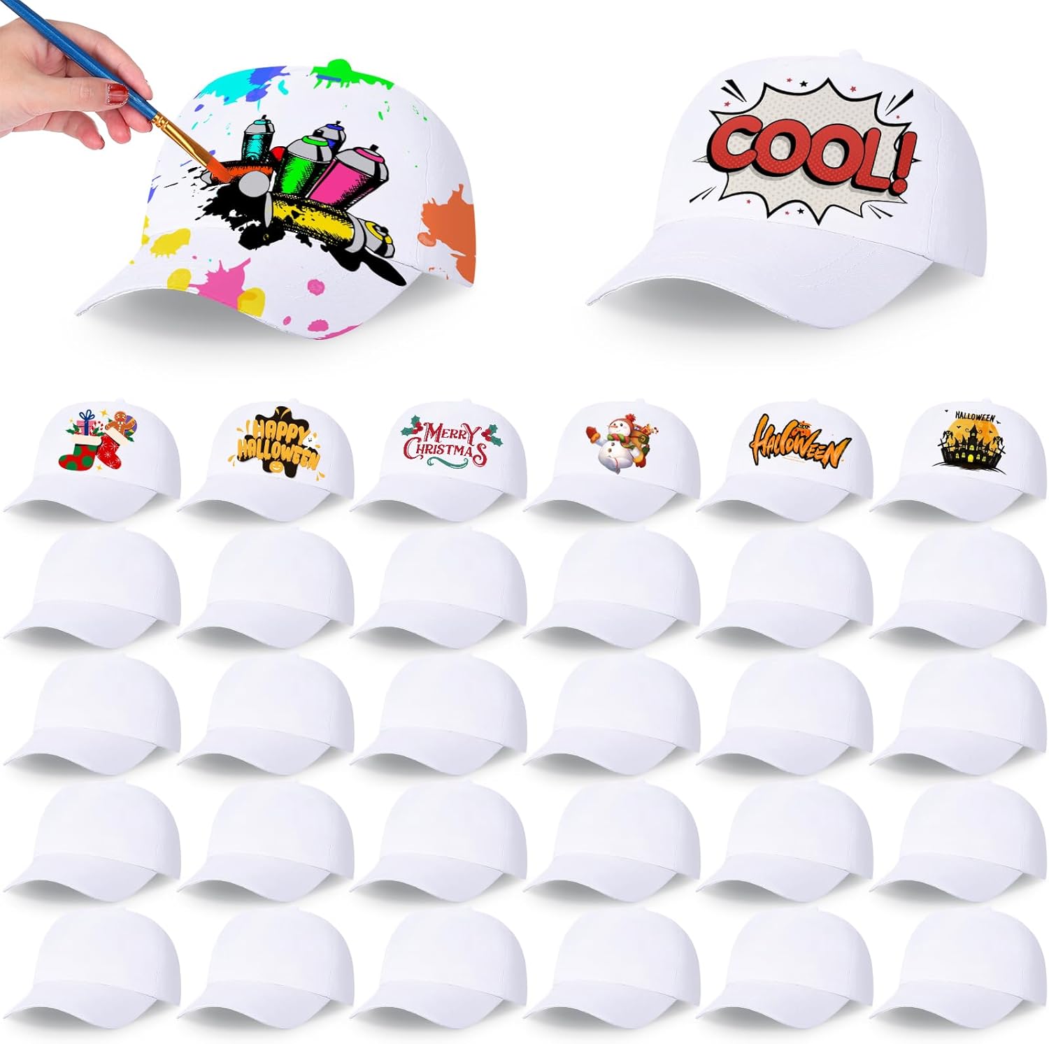 JaGely 30 Pcs DIY Baseball Caps Creative Painting Adjustable Outdoor Sports Caps for Camp, Birthday Party, Painting, Activity