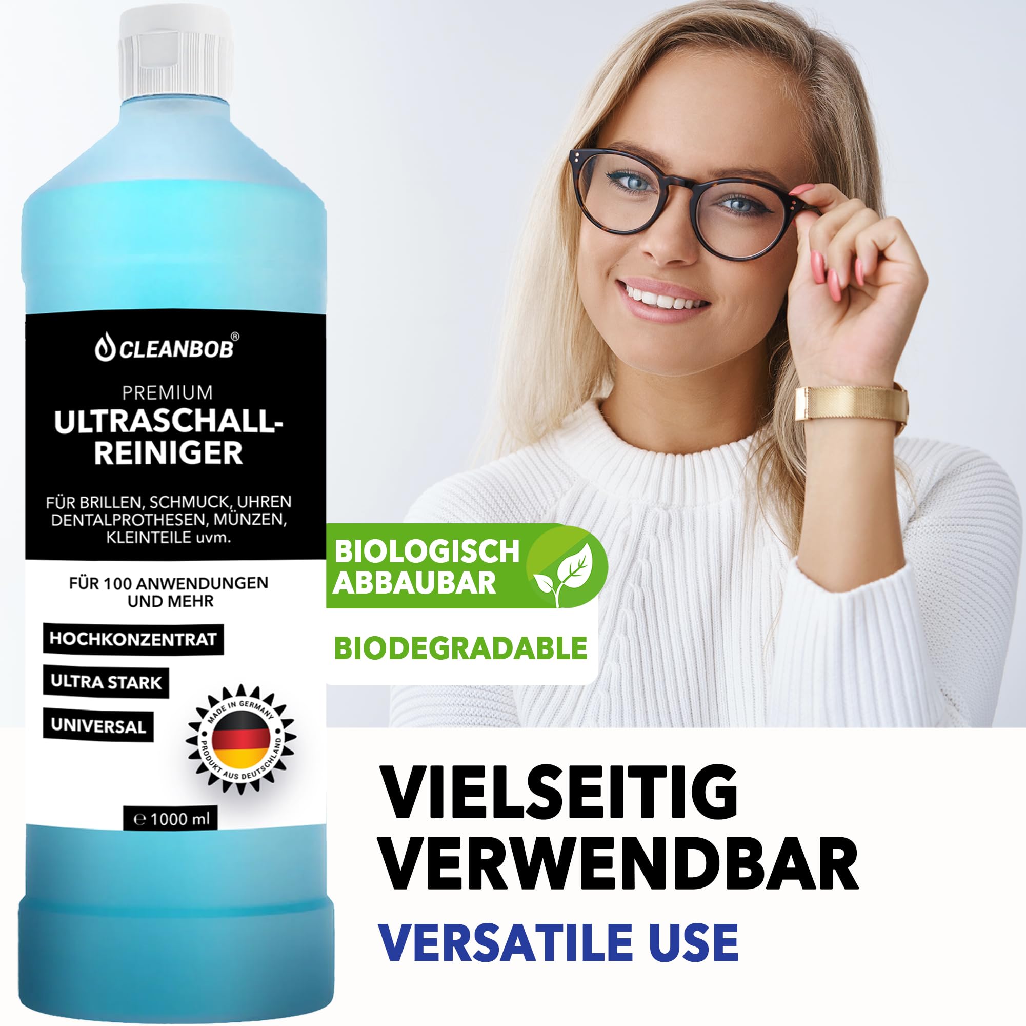 Koncentrat do czyszczenia ultradźwiękowego premium, 1 l, czyszczenie okularów, biżuterii, zegarków, protez, nadaje się do wszystkich urządzeń ultradźwiękowych, środek do czyszczenia srebrnej