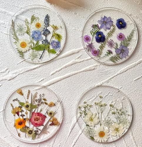 4Pcs Pressed Flower Coasters, Handmade Natural Flowers Resin Coasters, Round