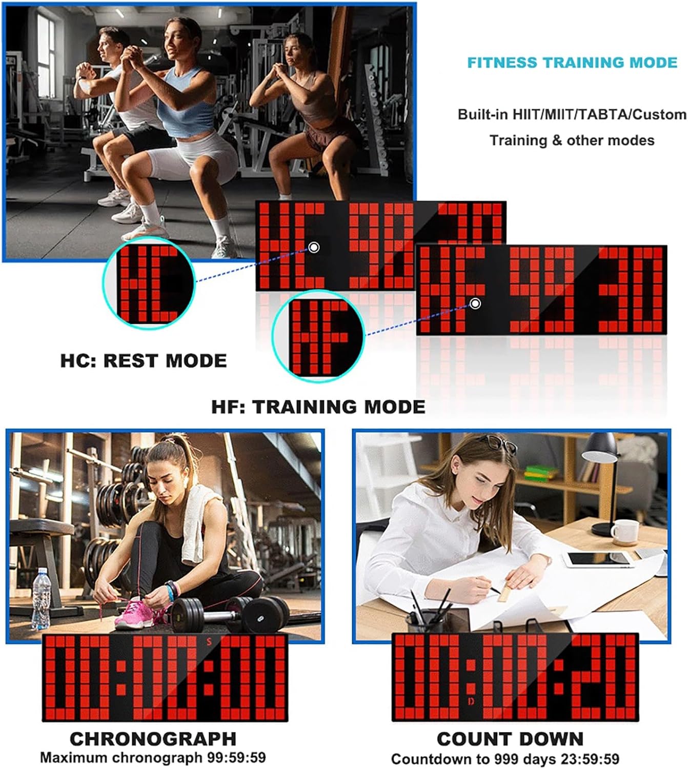 LEDデジタル時計 - 特大カラーコードフォント、リモコンインターバル