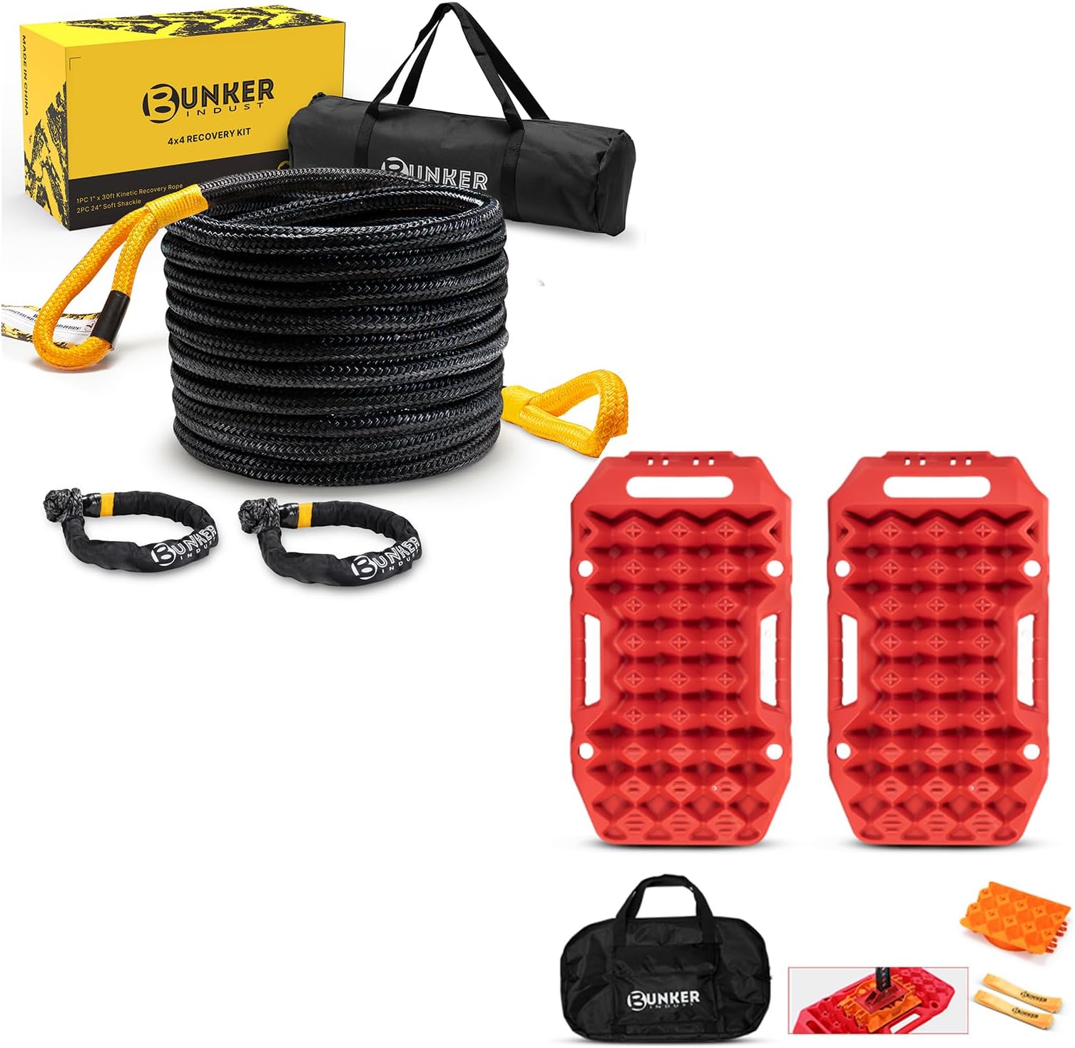 BUNKER INDUST Offroad Traction Boards with Jack Base + 1"×30ft Kinetic Recovery Rope with 2 Soft Shackles Kit