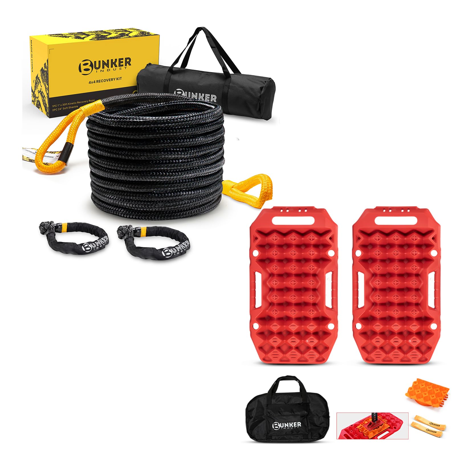 BUNKER INDUST Offroad Traction Boards with Jack Base + 1"×30ft Kinetic Recovery Rope with 2 Soft Shackles Kit