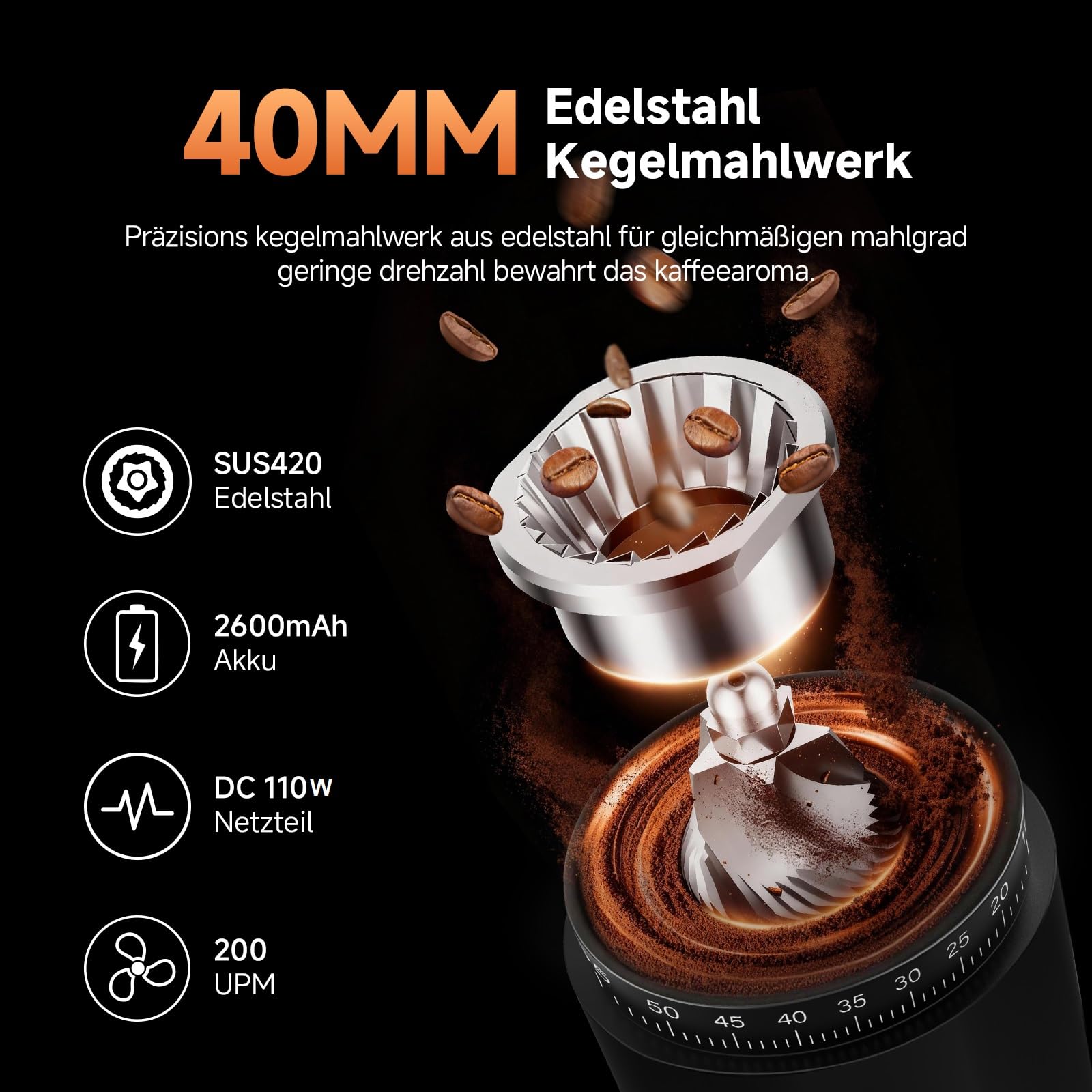 AAOBOSI Kaffeemühle Elektrisch, Kabellose Kaffeemühle Siebträger mit 60 Mahlgrad Einstellbar, Kaffeemühle Kegelmahlwerk Tragbar Wiederaufladbar für Espresso/Mocca/Drip/Pour Over/Cold Brew/French Press