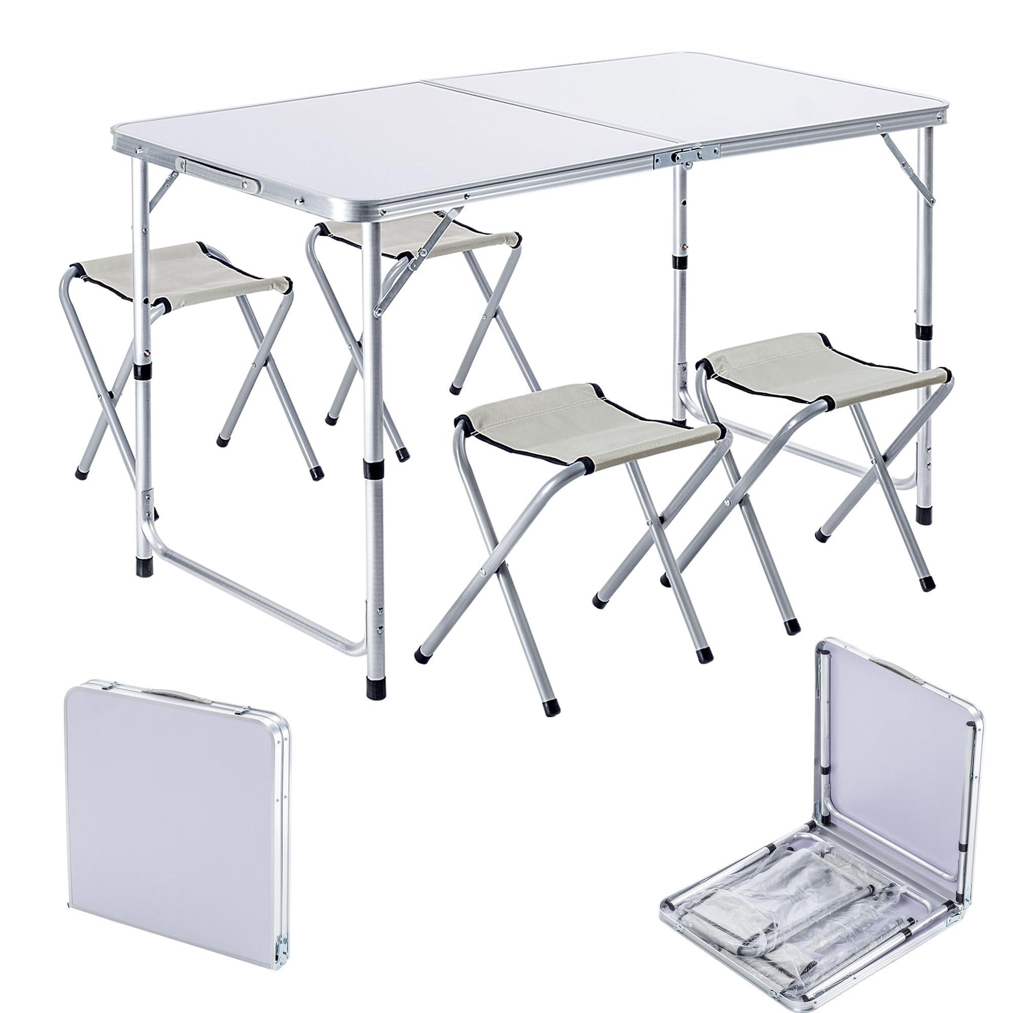 KADAX Juego de Muebles de Camping: Mesa Plegable Con 4 Sillones Ajustables en Altura, Multifunción (Plata y Blanco)