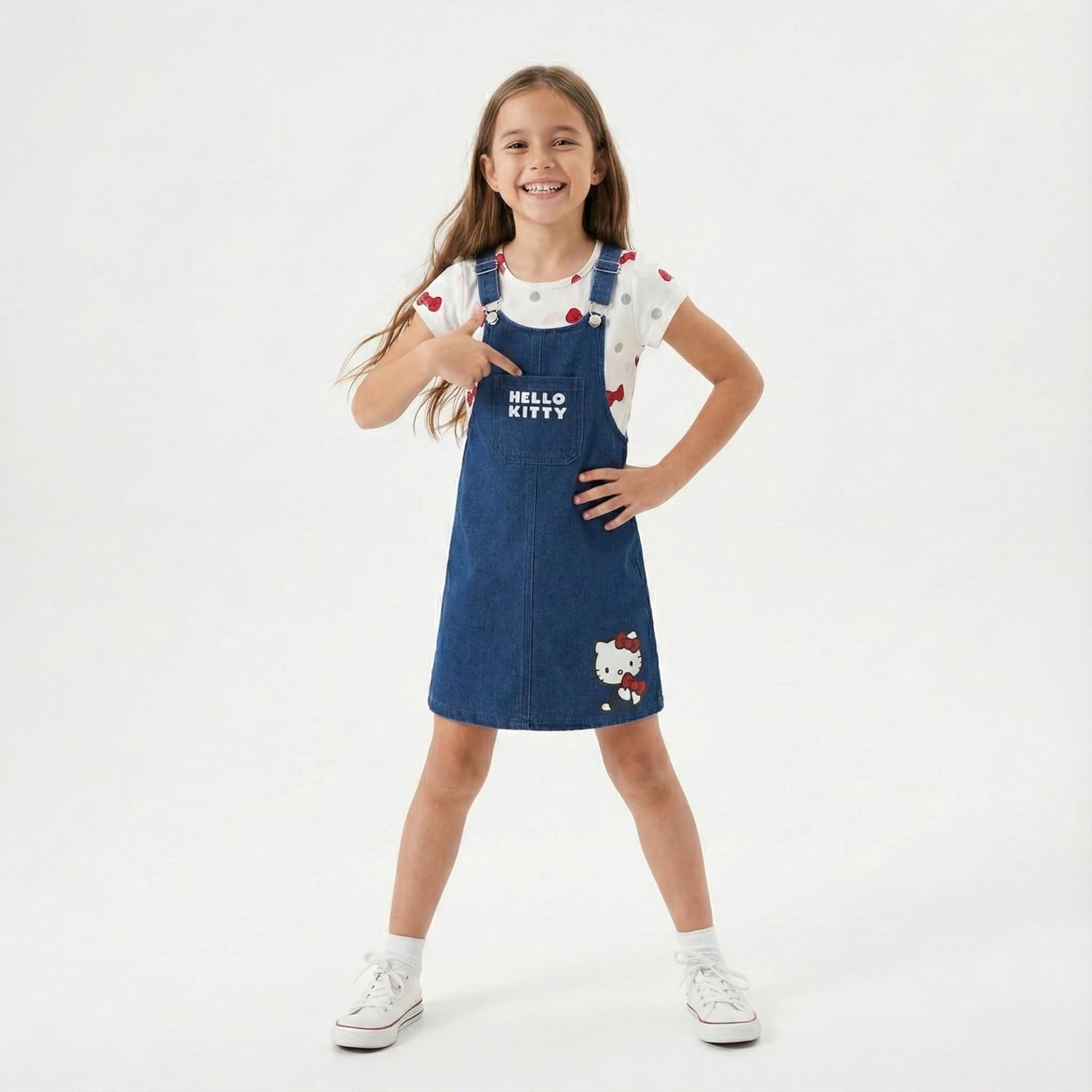 Hello Kitty Sanrio Girls Adjustable Jumper Denim Dress with Shirt Set for Toddler and Big Kids