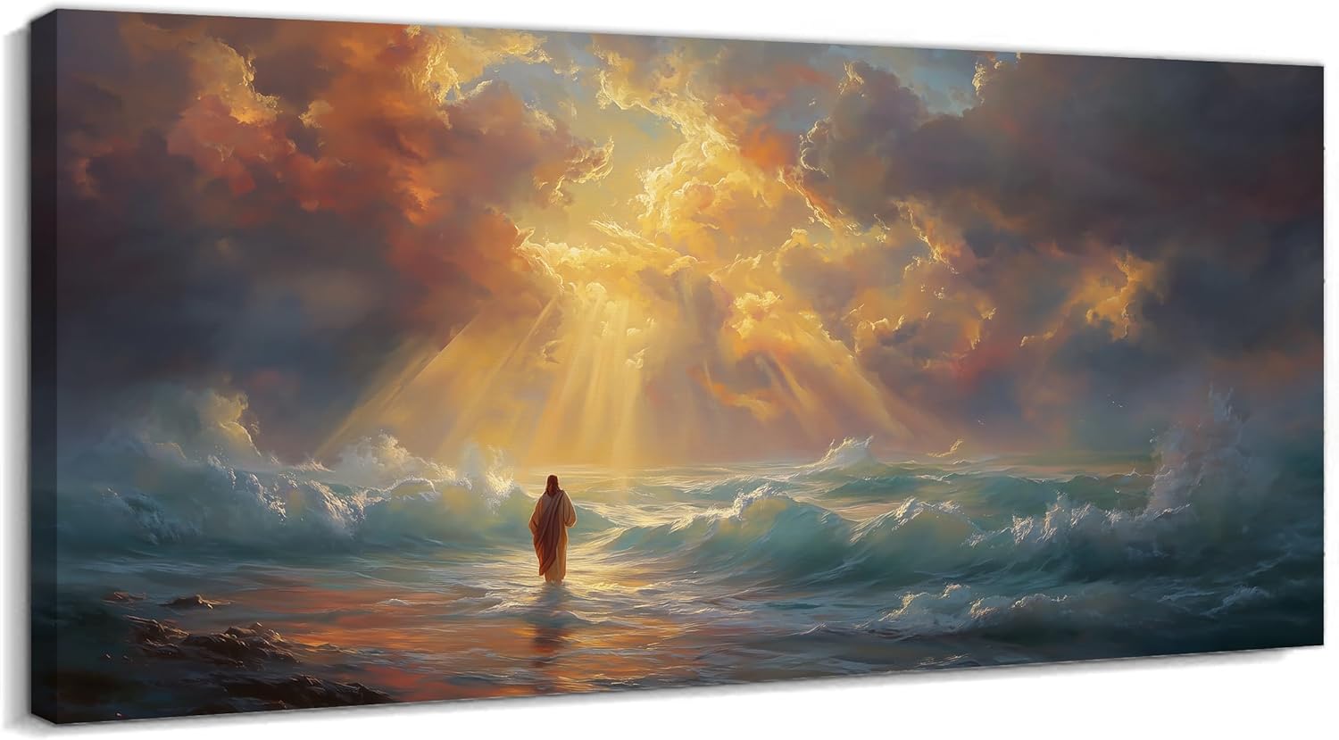 BYXOLARA Large Jesus Walking on Water Wall Art - Religious Canvas Print for Christian Inspire Pictures Wall Decor, Jesus Canvas Artwork for Home Decor Frame Wrapped Canvas, 30×60 inches