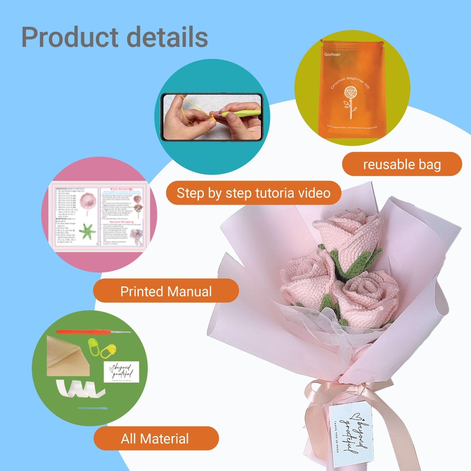 Gochvan Crochet Kit for Adults Beginners Crochet Rose Bouquet Set with Printed Manual and Video Tutorials Instructions Perfect Handmade Gift for Friends and Family Starter Crochet Flowers Kit (Pink)