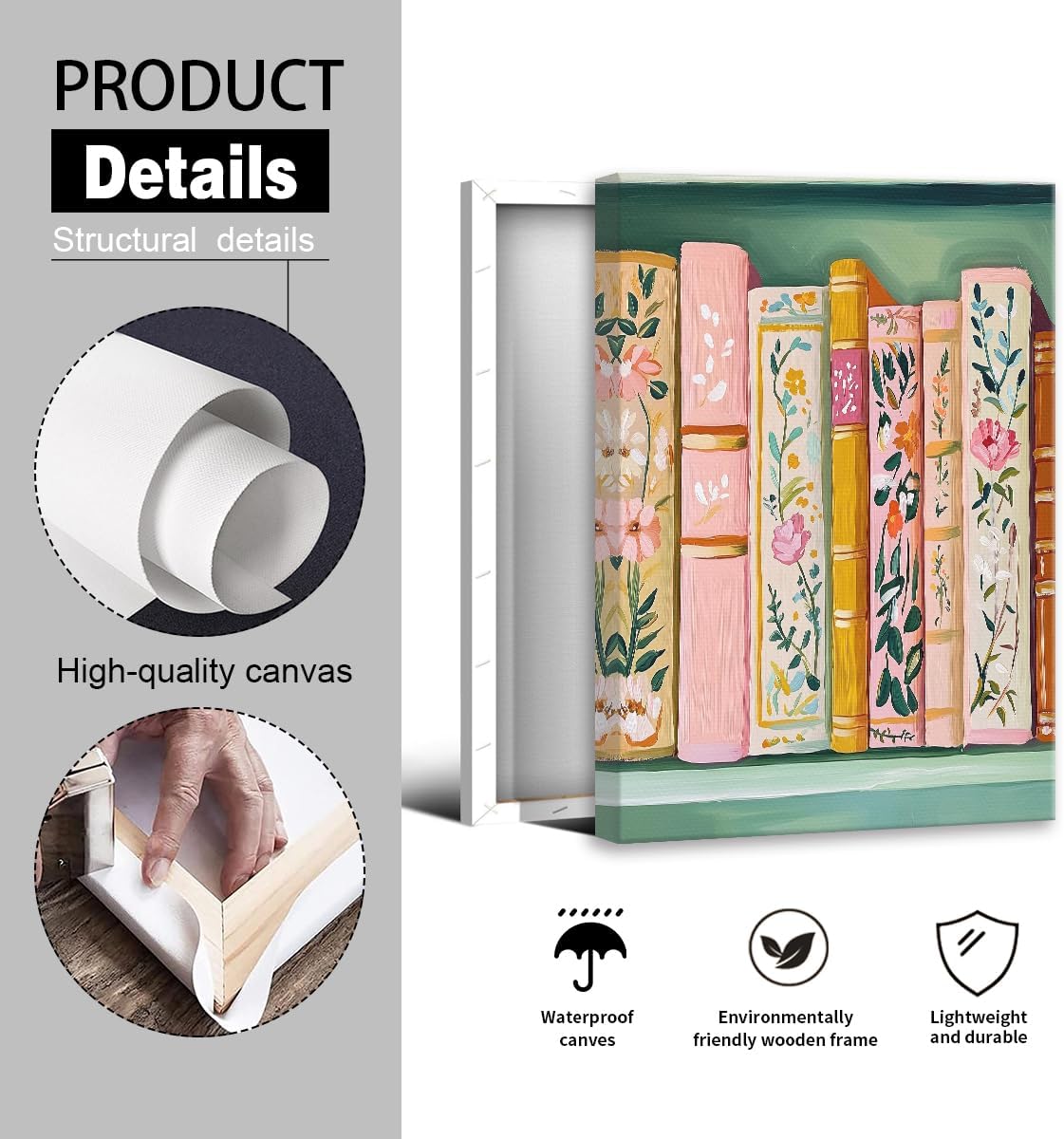 Books Canvas Wall Art, Pastel Pink Book Stack Poster, Floral Books Bookshelf Wall Print, Books and Flowers Picture Painting, Book Lover Bookish Art, Library Nook Wall Decor 24x36in Wrapped Canvas