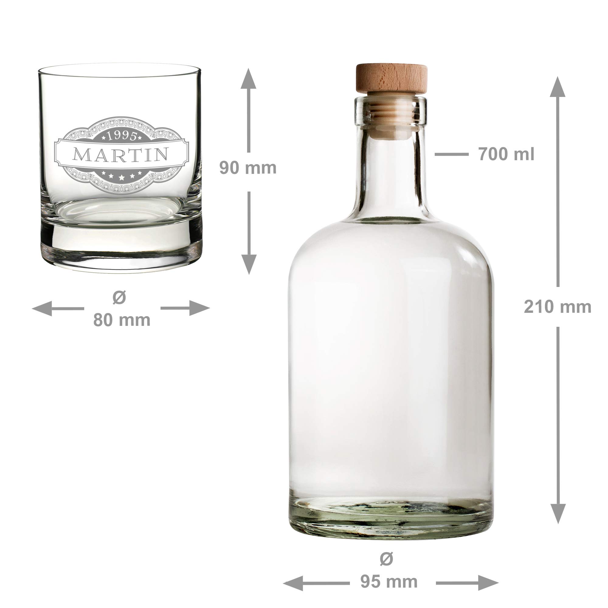 AMAVEL Ginset mit Glasflasche und Tumbler, Personalisierte Gravur mit Namen und Jahrgang, Motiv Banderole, 700 ml