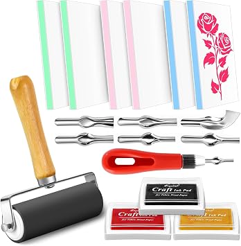 11 Pack Linoleum Block Stamp Making Kit, 6pcs 4"x2.4" Rubber Carving Blocks, 3 Ink Pads, Brayer Roller & 6 Type Blades Carving Tools for DIY Stamp Making for Beginners Blue/Pink/Green, Peelable