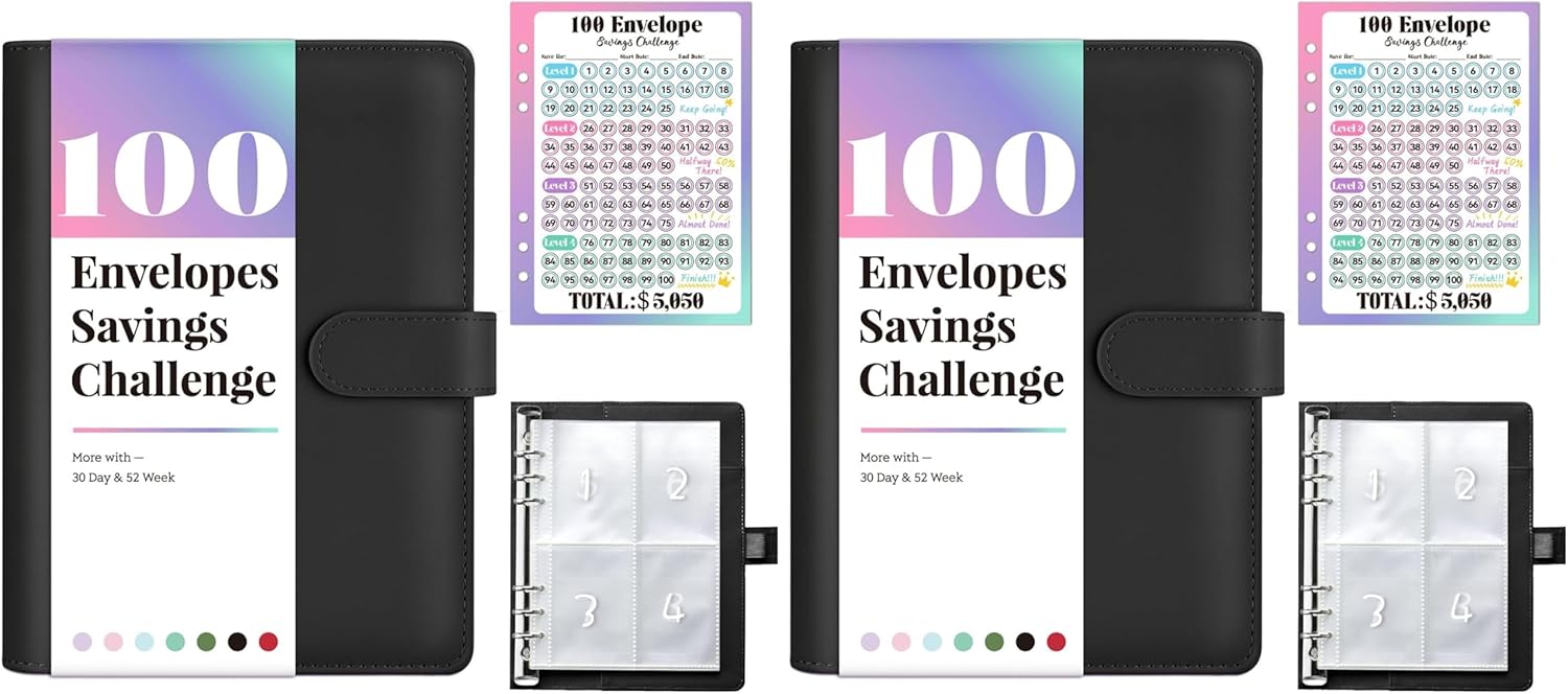 Sooez 100 Envelope Money Saving Challenge Book with 100 Pocket Pre-Numbered & Reusable Laminated Tracker, Money Saving Binder 100 Pocket Pre-Numbered,Money Book, Cool Christmas Gifts (Pack of 2)