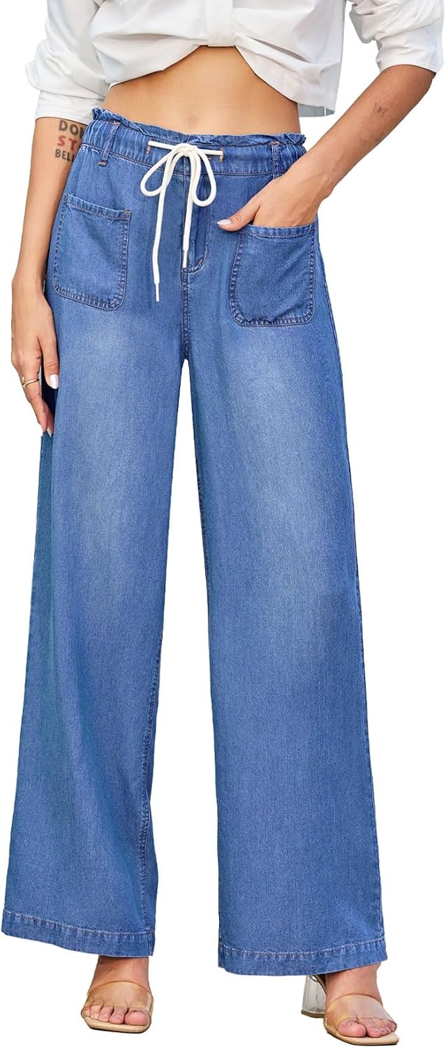 EVALESS Women's Wide Leg Jeans Summer Lightweight High Waisted Straight Leg Baggy Drawstring Denim Pants