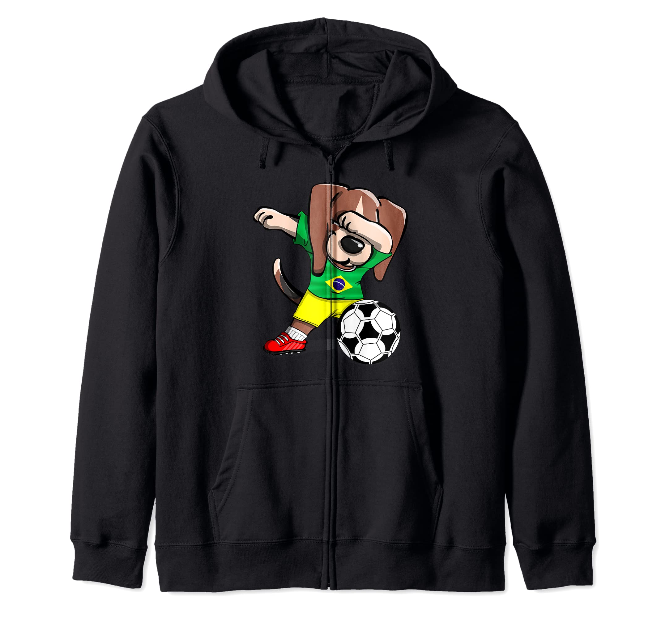 Dabbing Beagle Brazil Soccer Fans Jersey Brazilian Football Zip Hoodie, Black