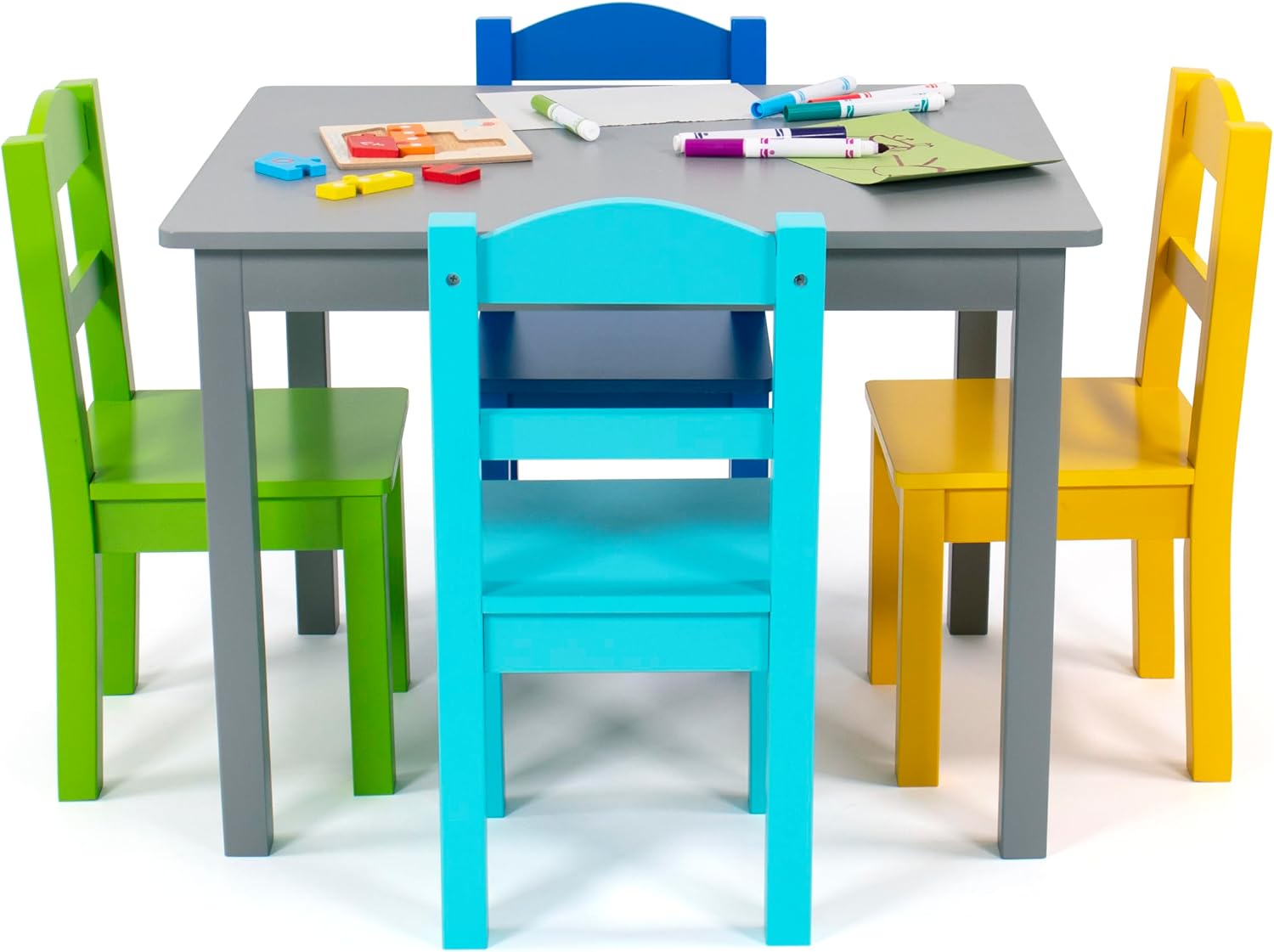 Humble Crew Kids Table and Chair Set, Toddler Activity Table with 4 Chairs for Play, Crafts, Snacks & Learning, Wooden Kids Furniture for Playroom & Bedroom, Grey/Blue/Green/Yellow