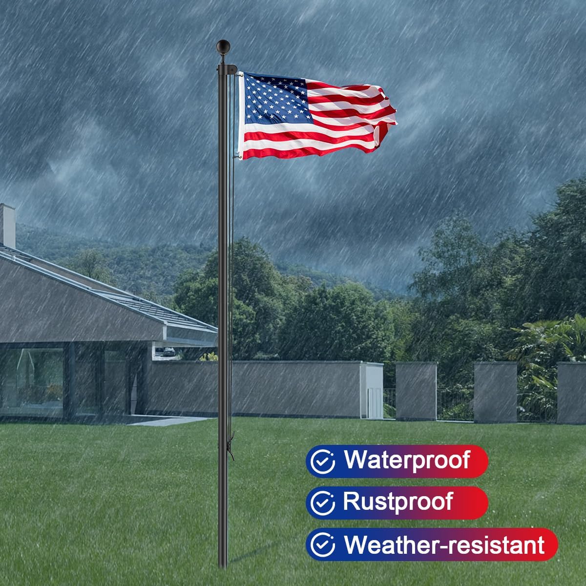 Flag Pole Kit for Outdoor Use, Black Flagpole Hardware Repair Parts Kit with Cleat Hook | 100FT Rope Replacement, All- Stainless Steel Hardware Include Mounting Screws