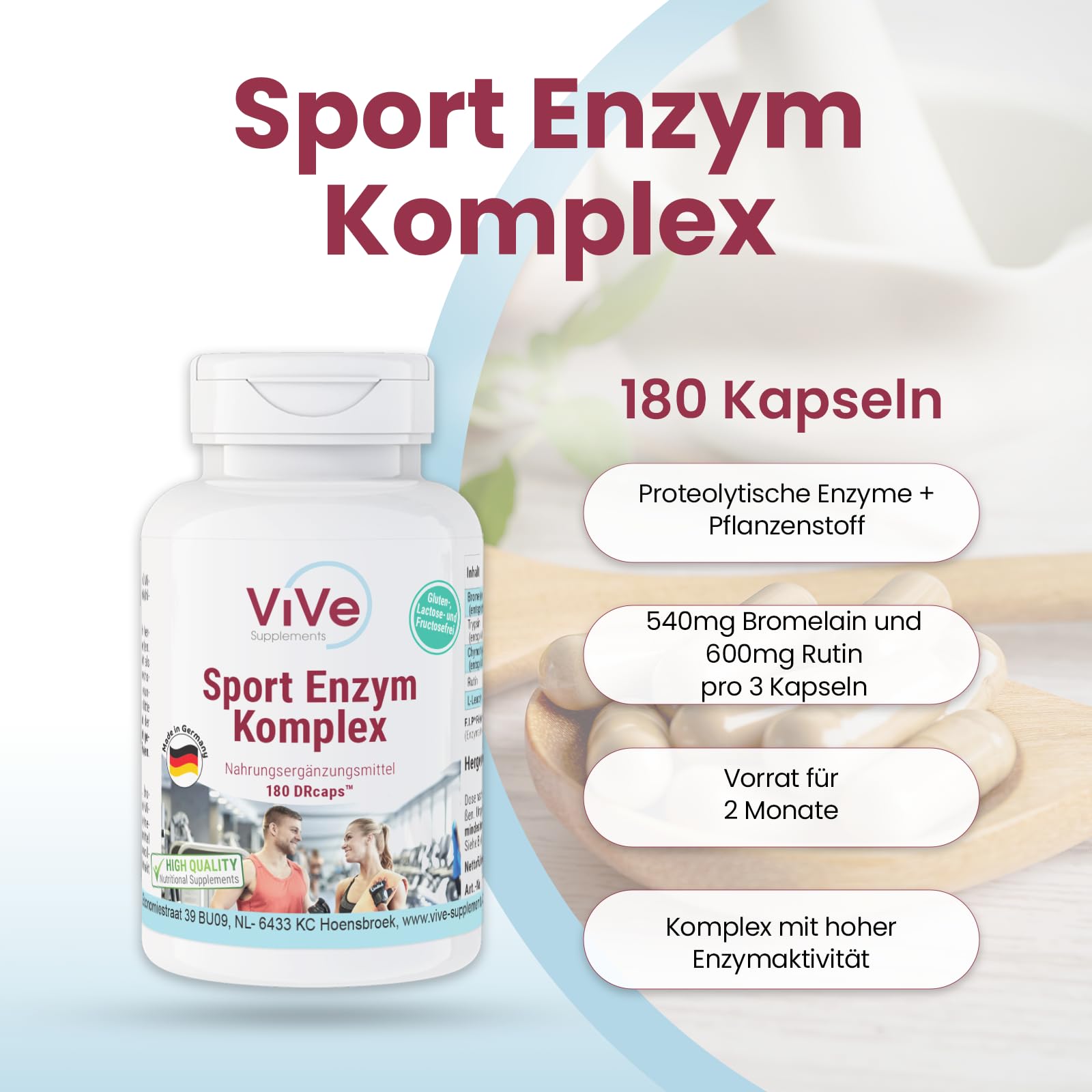 Sport Enzym Komplex - 180 Kapseln - schluckfreundlich - hochdosiert | Qualität aus Deutschland von ViVe Supplements