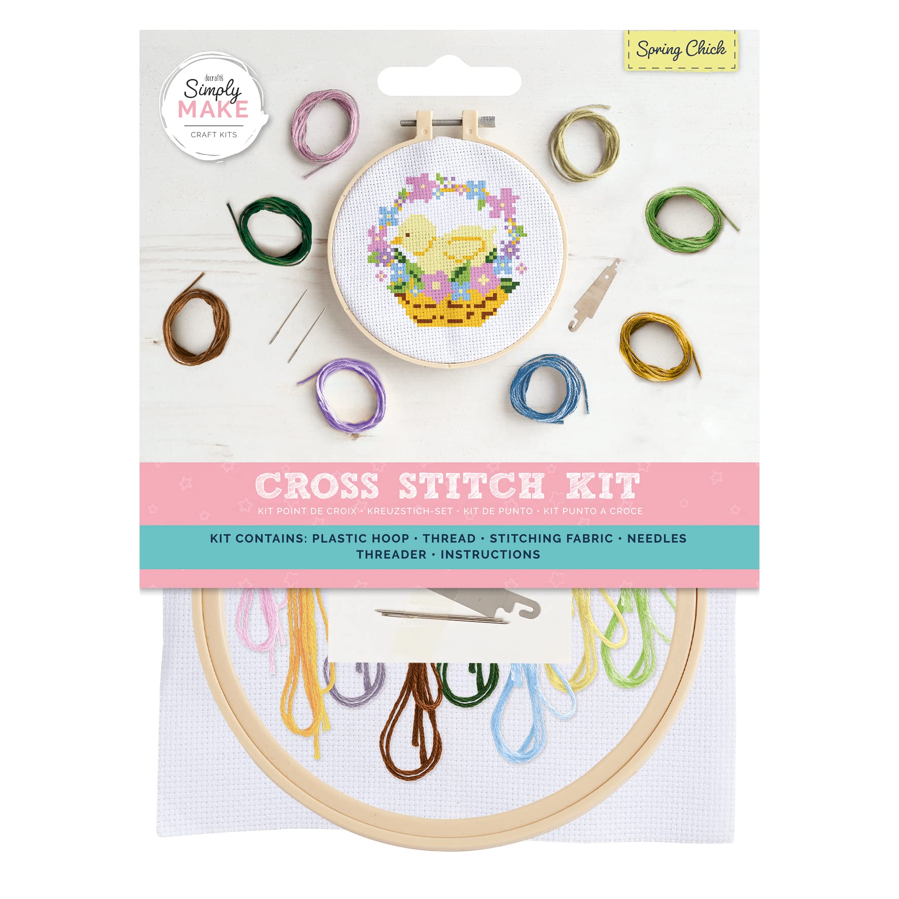 Simply Make Cross Stitch Kit - Spring Chick Design for Kids and Adults, Including Hoop, Embroidery Thread, Fabric and Needle - Perfect for Adult Crafts and Beginners - Starter Cross Stitch Craft Kit