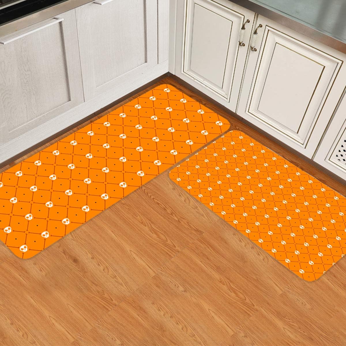 Kitchen Mat Halloween Skull Texture Orange Floor Mat Set of