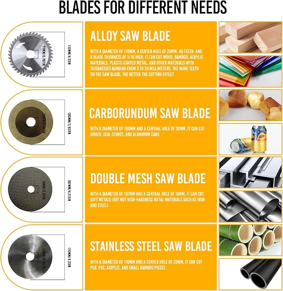 2 in 1 Mini Table Saw-Saw blades. Four different saw blades, with a blade diameter of 110 mm, a bore diameter of 20 mm, and a maximum cutting depth of 3-30 mm, designed specifically for small saws.
